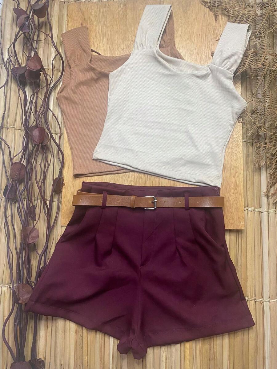 kit  Feminino 4 itens: 2 Croppeds Canelados + Cinto+ Short em Alfaiataria Com  Bolsos